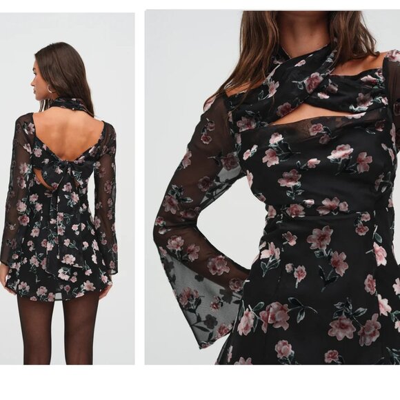 NWT FOR LOVE AND LEMONS BLAKE FLORAL BURNOUT BLACK MINI DRESS SIZE L - Picture 2 of 10